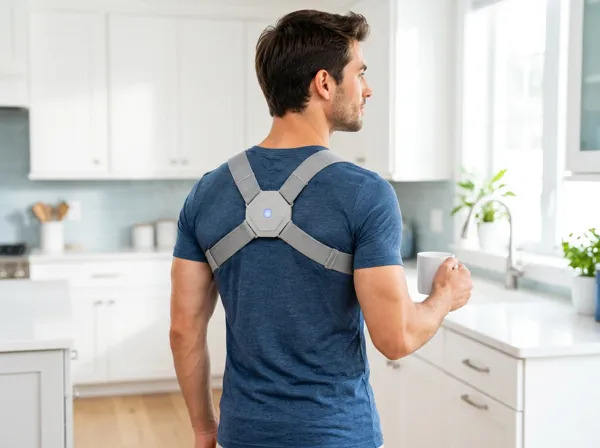 Man standing tall in his kitchen wearing the Straivo Posture Corrector over a T-shirt