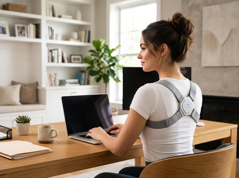 Woman sitting upright at her home office desk wearing the Straivo Posture Corrector