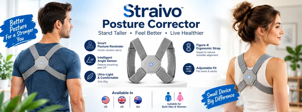Straivo Posture Corrector worn by a man and a woman — smart posture reminder, intelligent angle sensor, figure-8 ergonomic strap, available in US, UK and AU