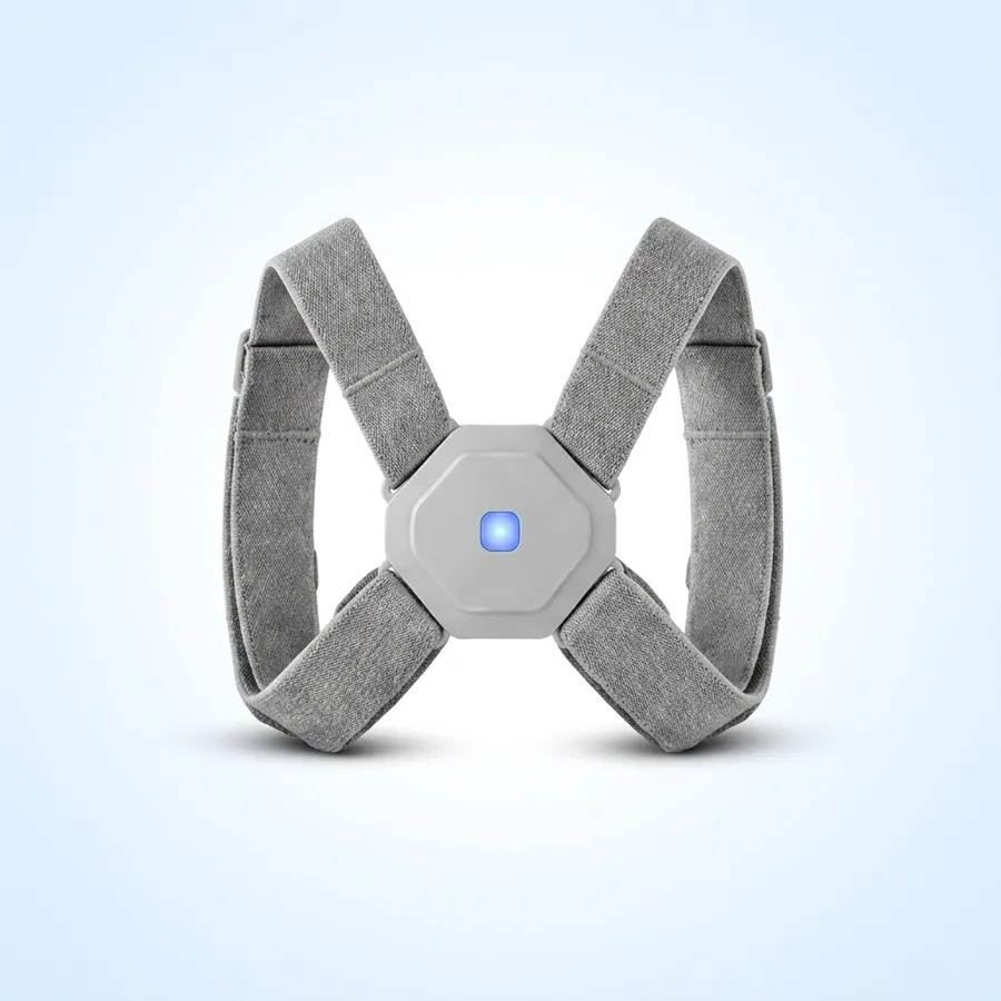 Straivo Posture Corrector smart sensor with grey figure-8 ergonomic strap